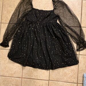 Black Dress with Sheer Sleeves and Gold Accents